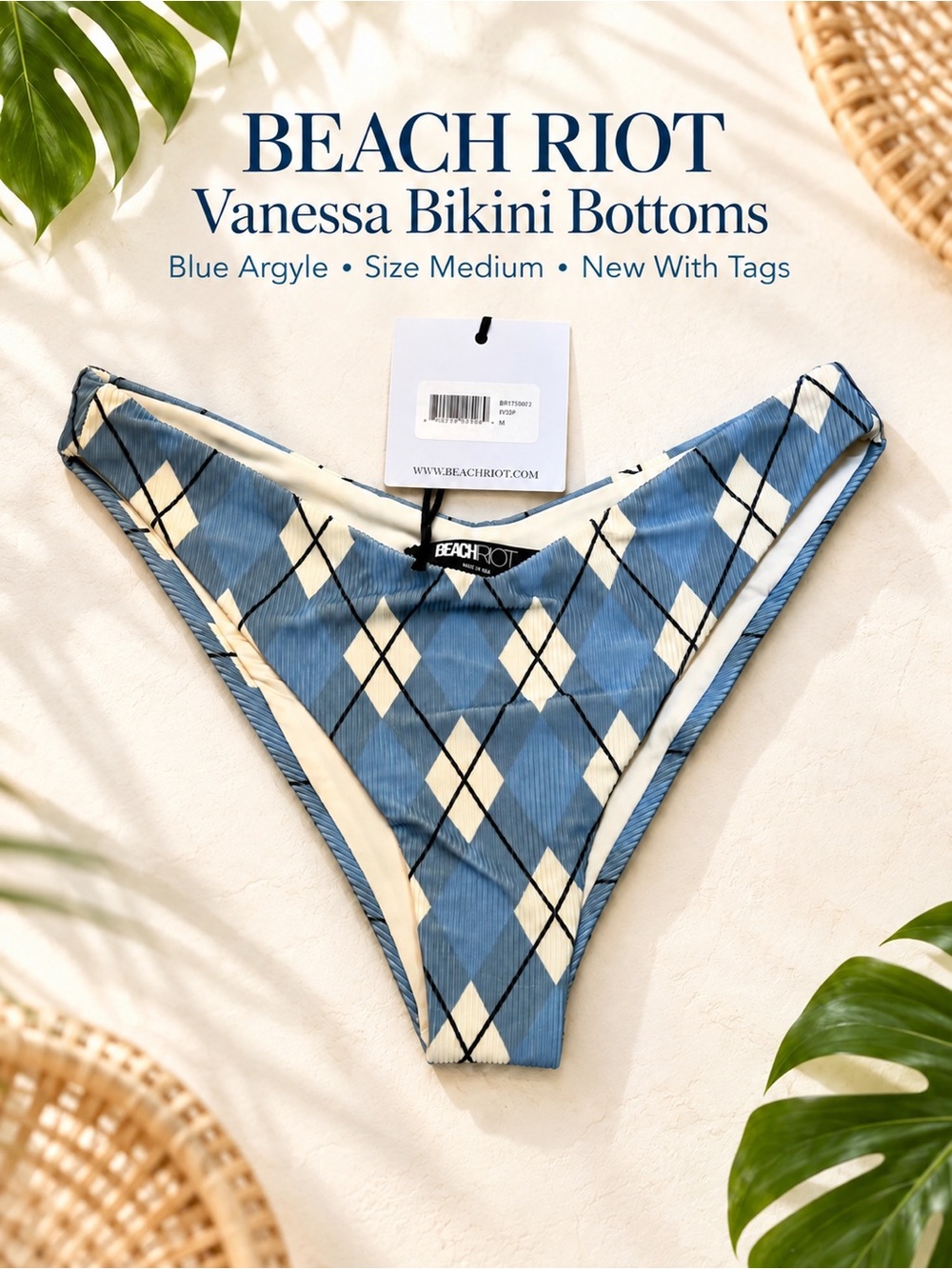 Beach Riot Vanessa Bikini Bottoms Blue Argyle NWT Cheeky High-Cut Swim Sz M